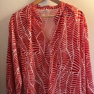 Coral Red and white long sleeve 3/4 button up - XXL